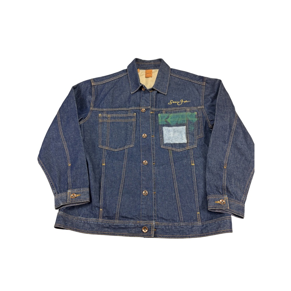Sean John Denim Mens Dark Wash Trucker Jacket Blue Patch Graphic Large